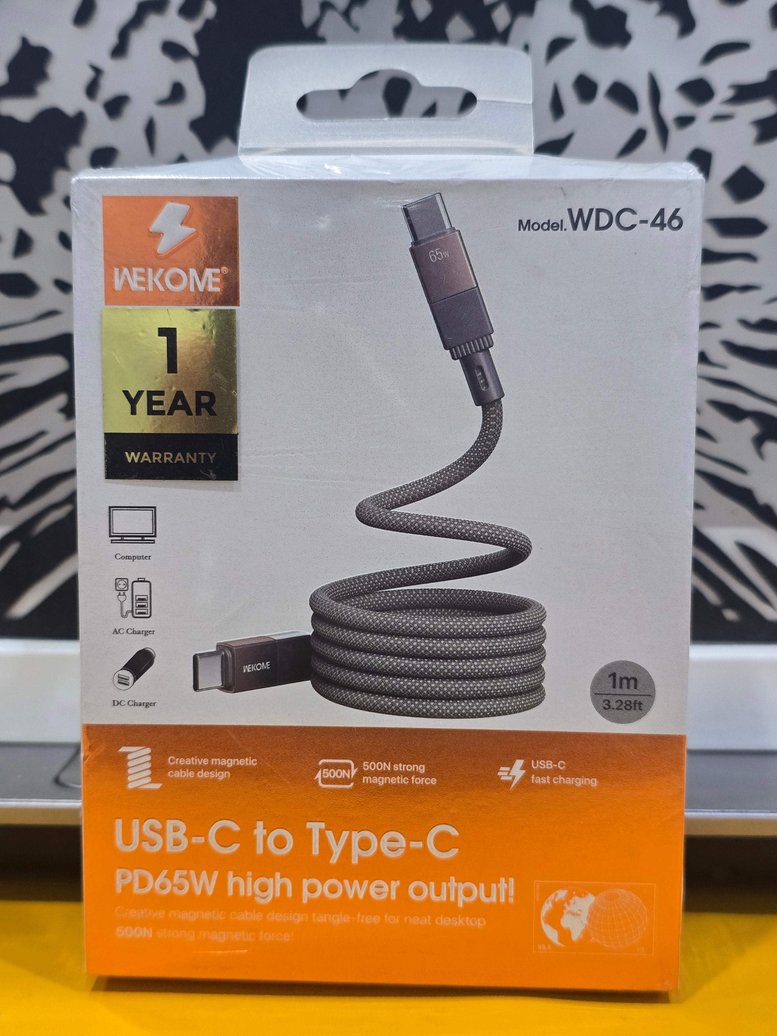 WEKOME WDC-46 65W PD USB-C to Type-C Fast Charging Magnetic Cable for Mobile, Laptop & Tablet (1m)