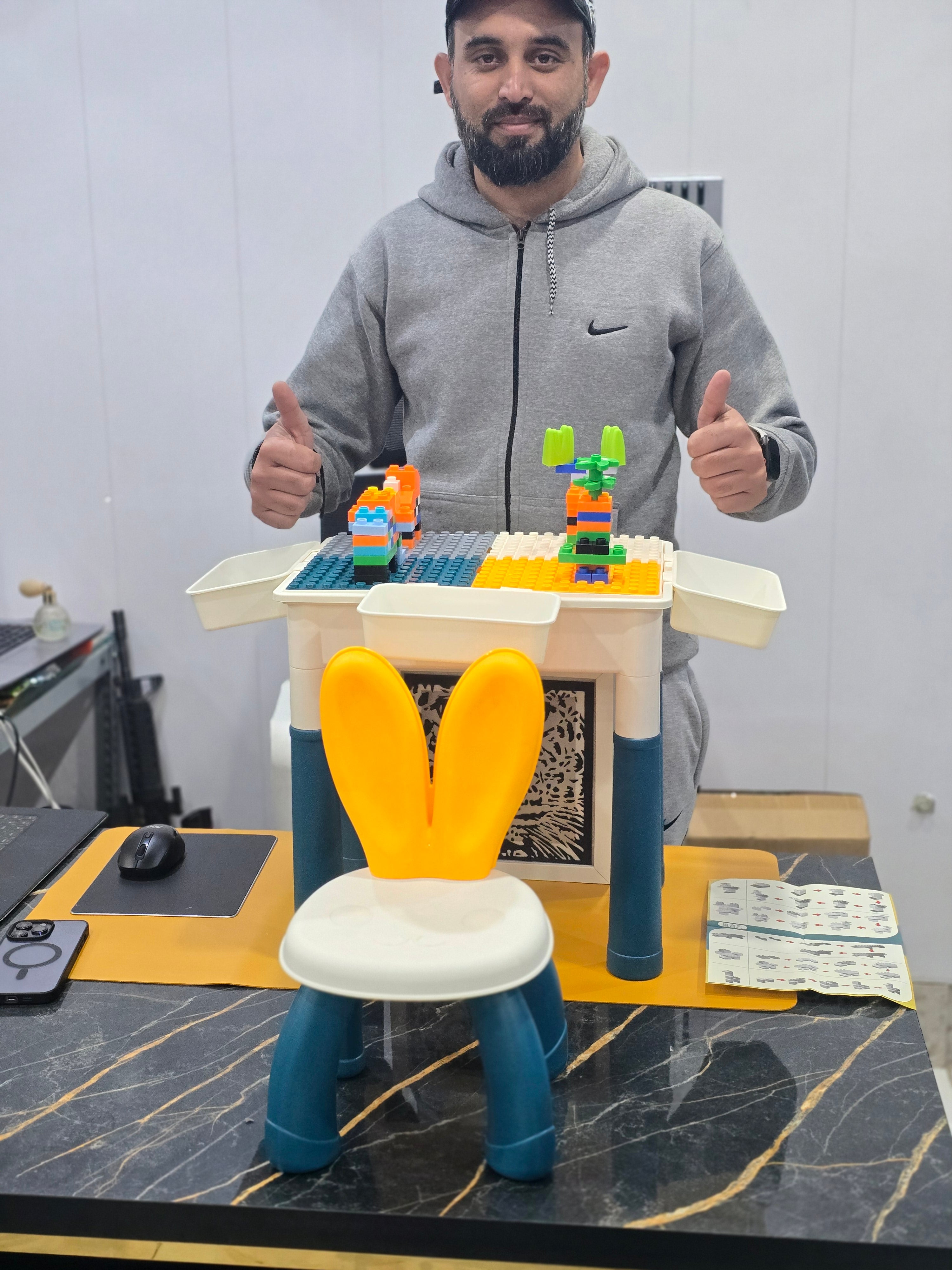 Kids Multi-Purpose Study Table with Chair, Storage & Building Blocks – Learning & Play Desk