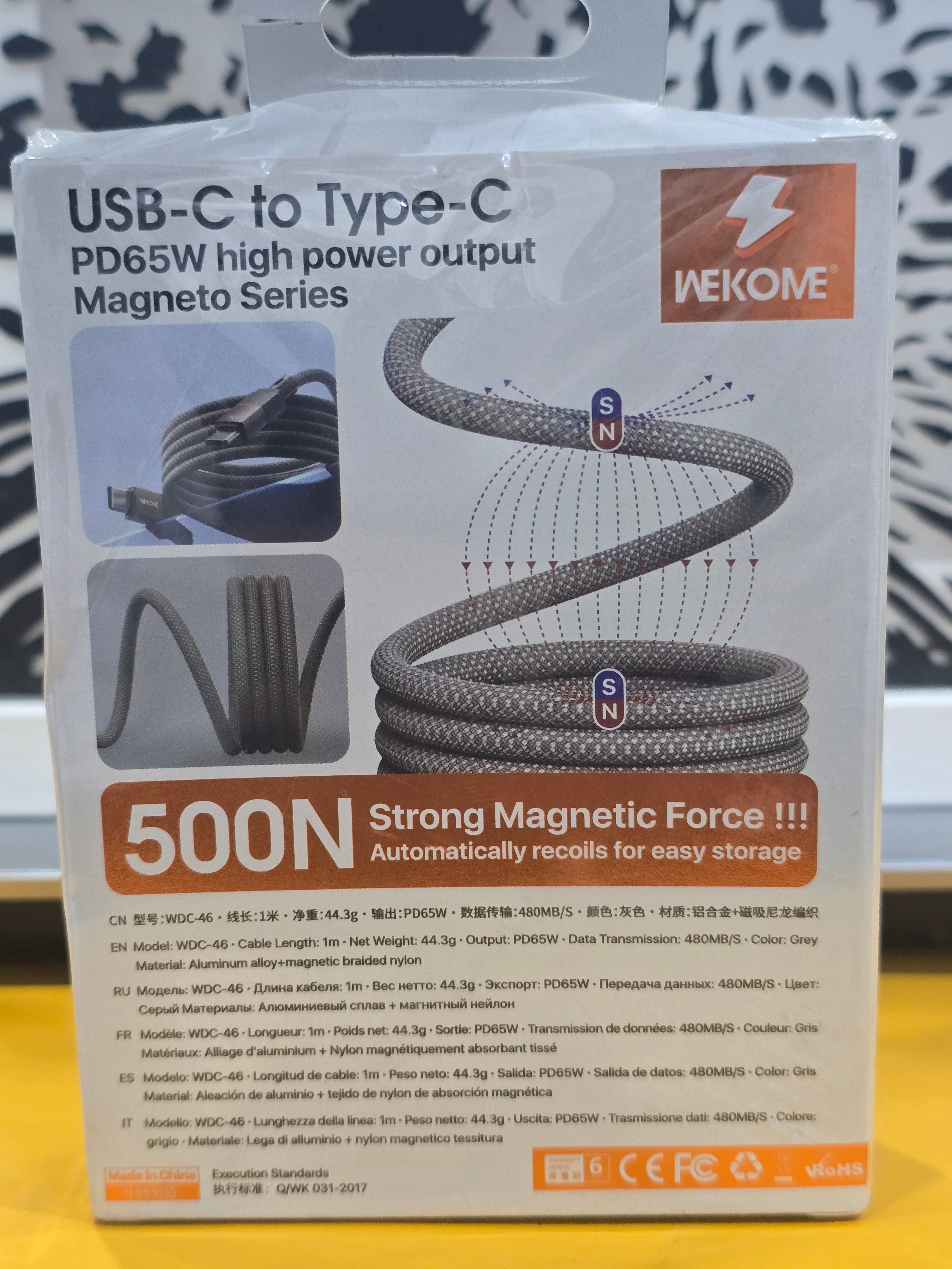 WEKOME WDC-46 65W PD USB-C to Type-C Fast Charging Magnetic Cable for Mobile, Laptop & Tablet (1m)