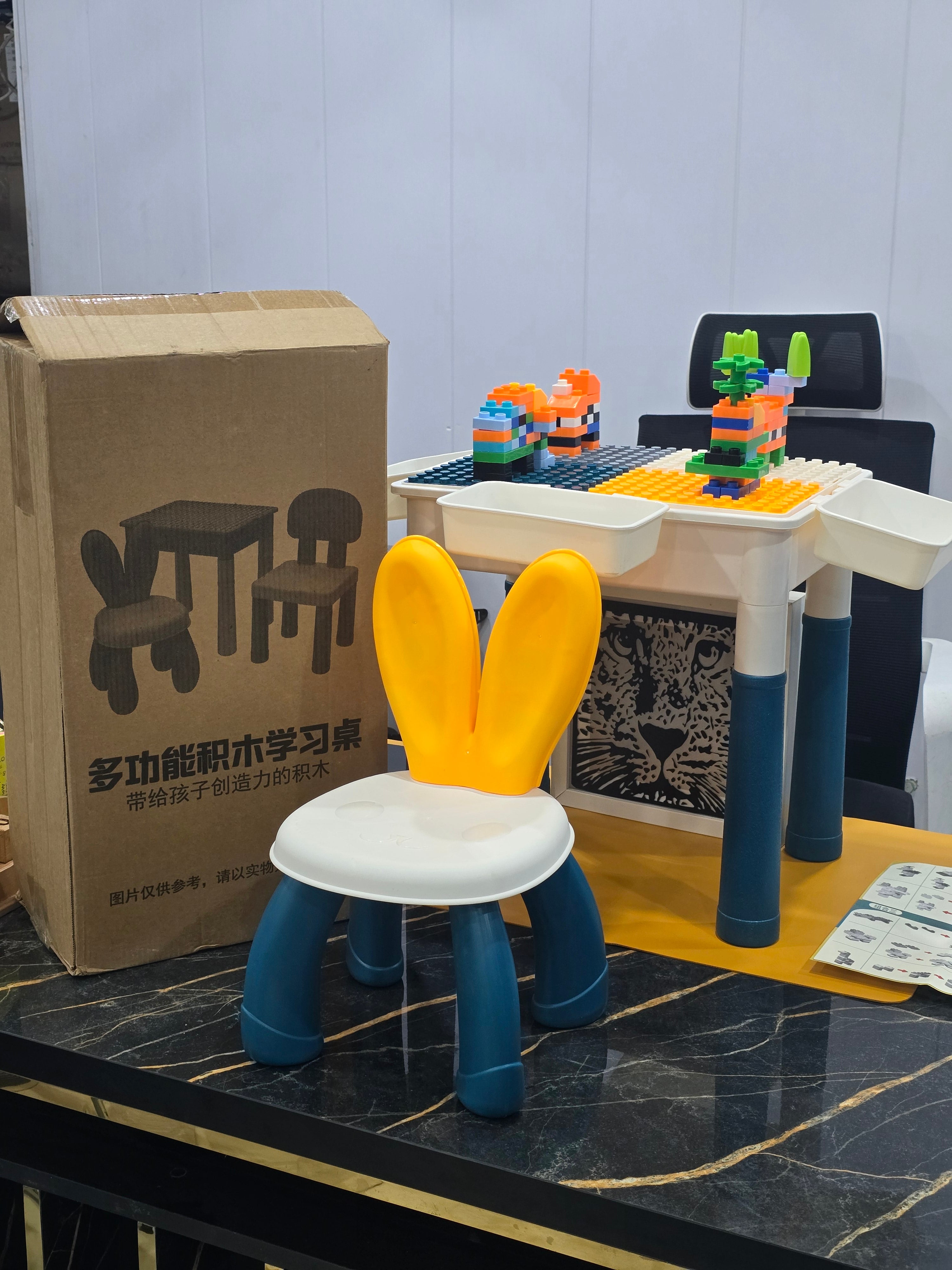 Kids Multi-Purpose Study Table with Chair, Storage & Building Blocks – Learning & Play Desk